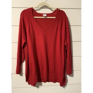 Chicos Zenergy Cashmere Blend Red V Neck Long Sleeve Sweater Size 3 XL Lagenlook